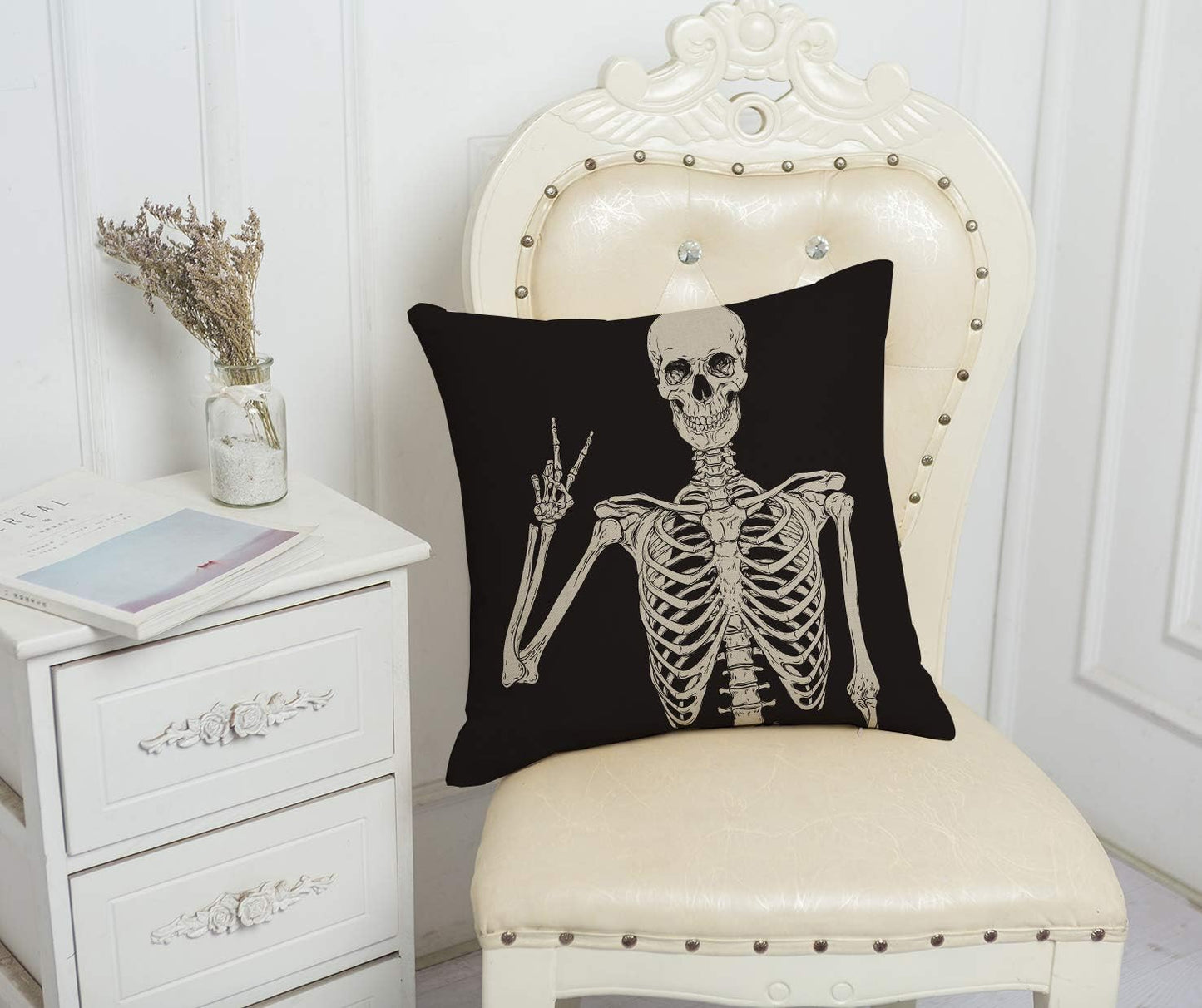 Skull Decoraive Throw Pillow Cover Square Linen Fabric Black Goth Decor Funny Halloween Cushion Cover Throw Pillow Case for Sofa Bed Car Chair Living Room (Human Skeleton/18X18 Inch)