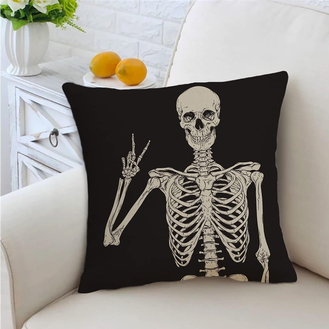 Skull Decoraive Throw Pillow Cover Square Linen Fabric Black Goth Decor Funny Halloween Cushion Cover Throw Pillow Case for Sofa Bed Car Chair Living Room (Human Skeleton/18X18 Inch)