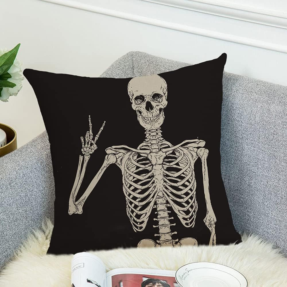 Skull Decoraive Throw Pillow Cover Square Linen Fabric Black Goth Decor Funny Halloween Cushion Cover Throw Pillow Case for Sofa Bed Car Chair Living Room (Human Skeleton/18X18 Inch)