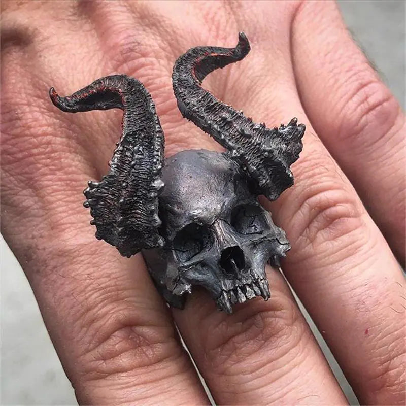 Stainless Steel Skull Ring Horned