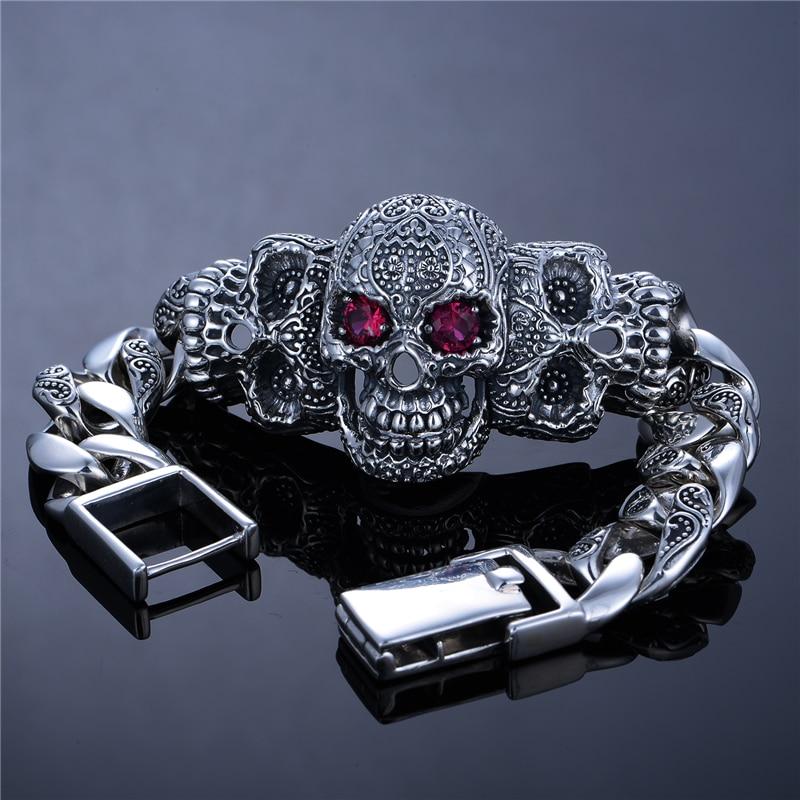Heavy Sterling Silver Mens Bracelet | Skull Action