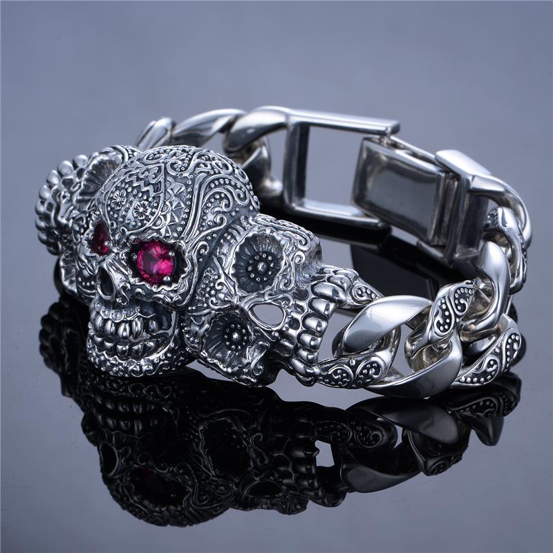 Heavy Sterling Silver Mens Bracelet | Skull Action