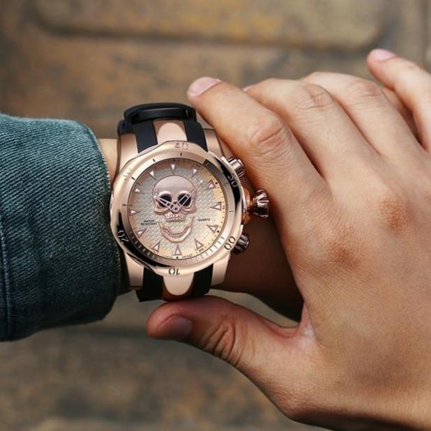 Mens Rose Gold Skeleton Watch | Skull Action
