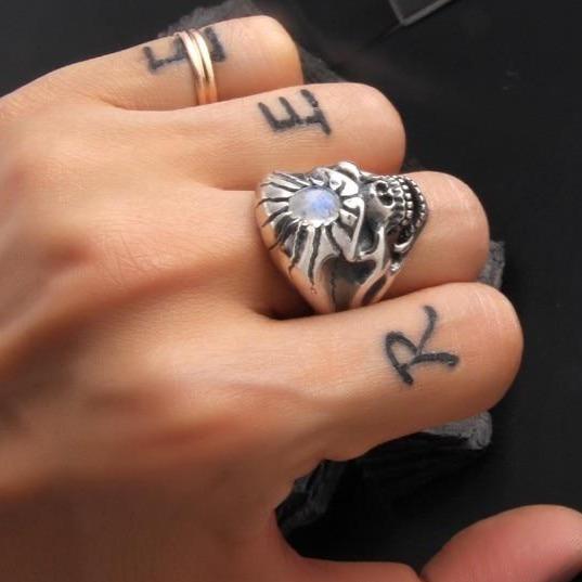 Mens Silver Moonstone Ring | Skull Action