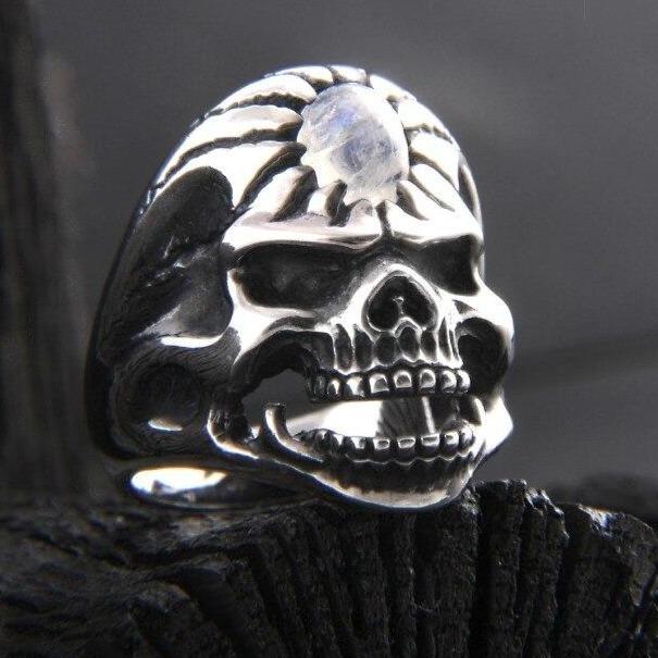 Mens Silver Moonstone Ring | Skull Action