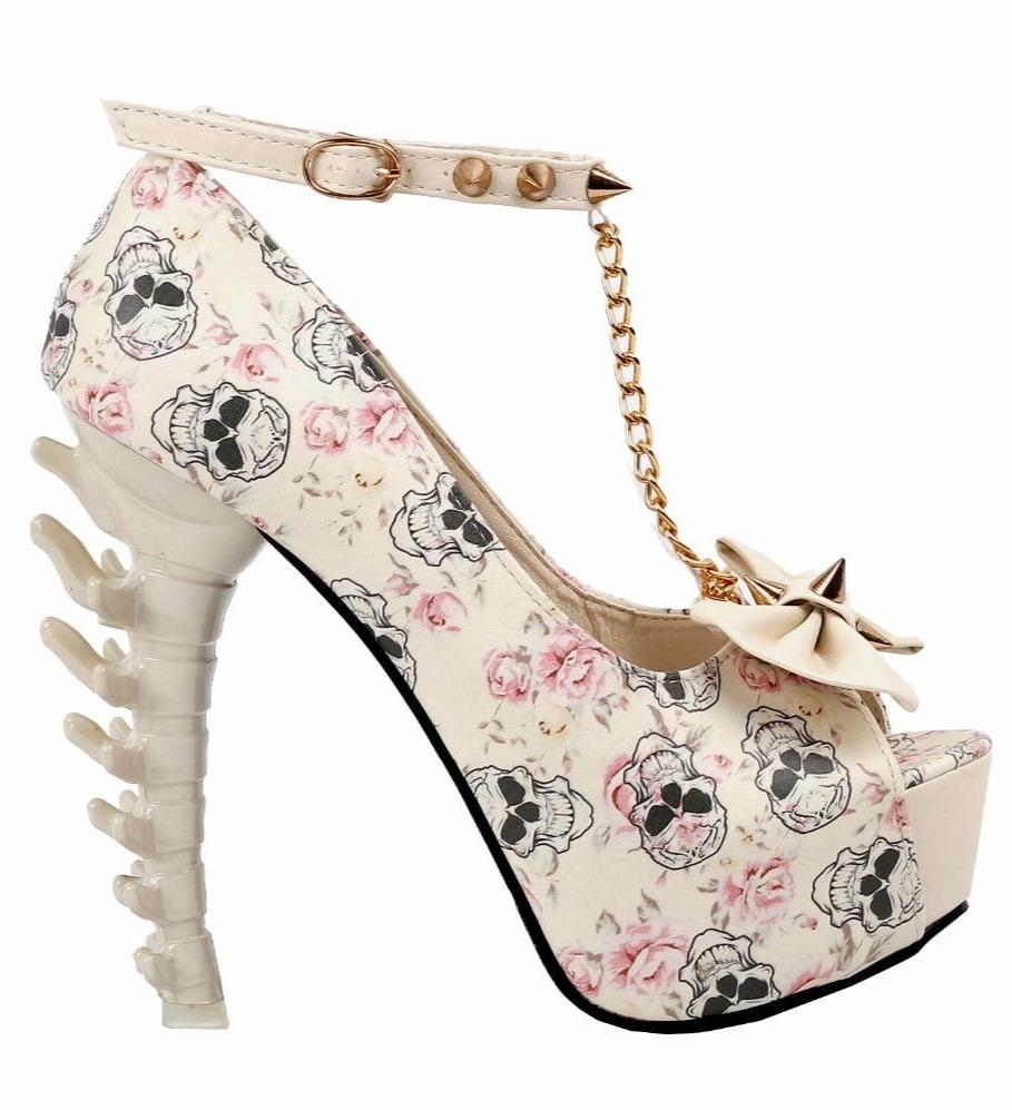 Skull High Heels Beige Shoes