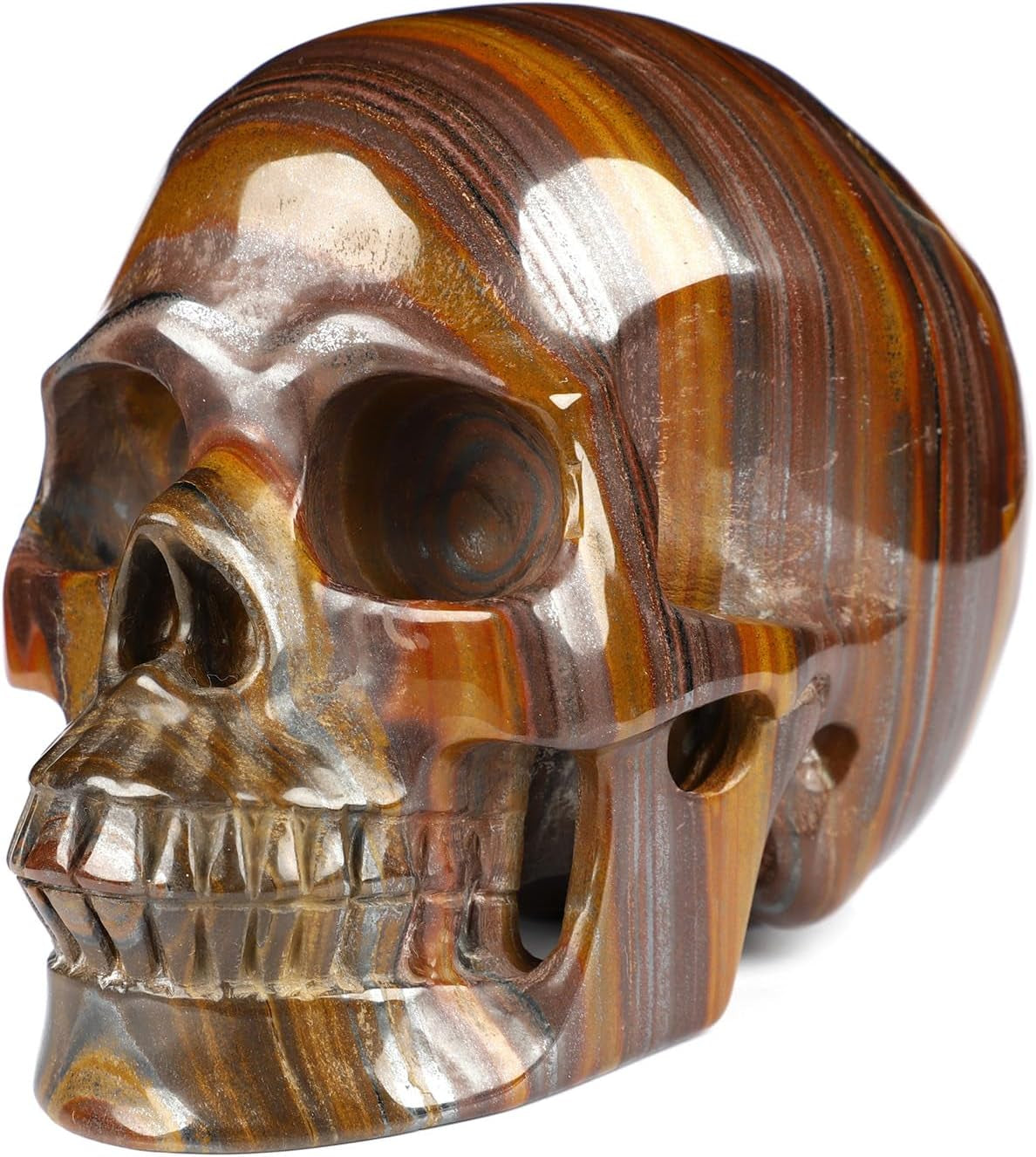 5.0" Colorful Tiger Iron Eye Crystal Skull, Hand Carved Gemstone Fine Art Sculpture, Reiki Healing Stone Statue.2842