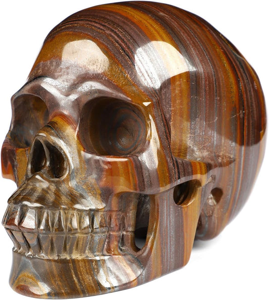 5.0" Colorful Tiger Iron Eye Crystal Skull, Hand Carved Gemstone Fine Art Sculpture, Reiki Healing Stone Statue.2842