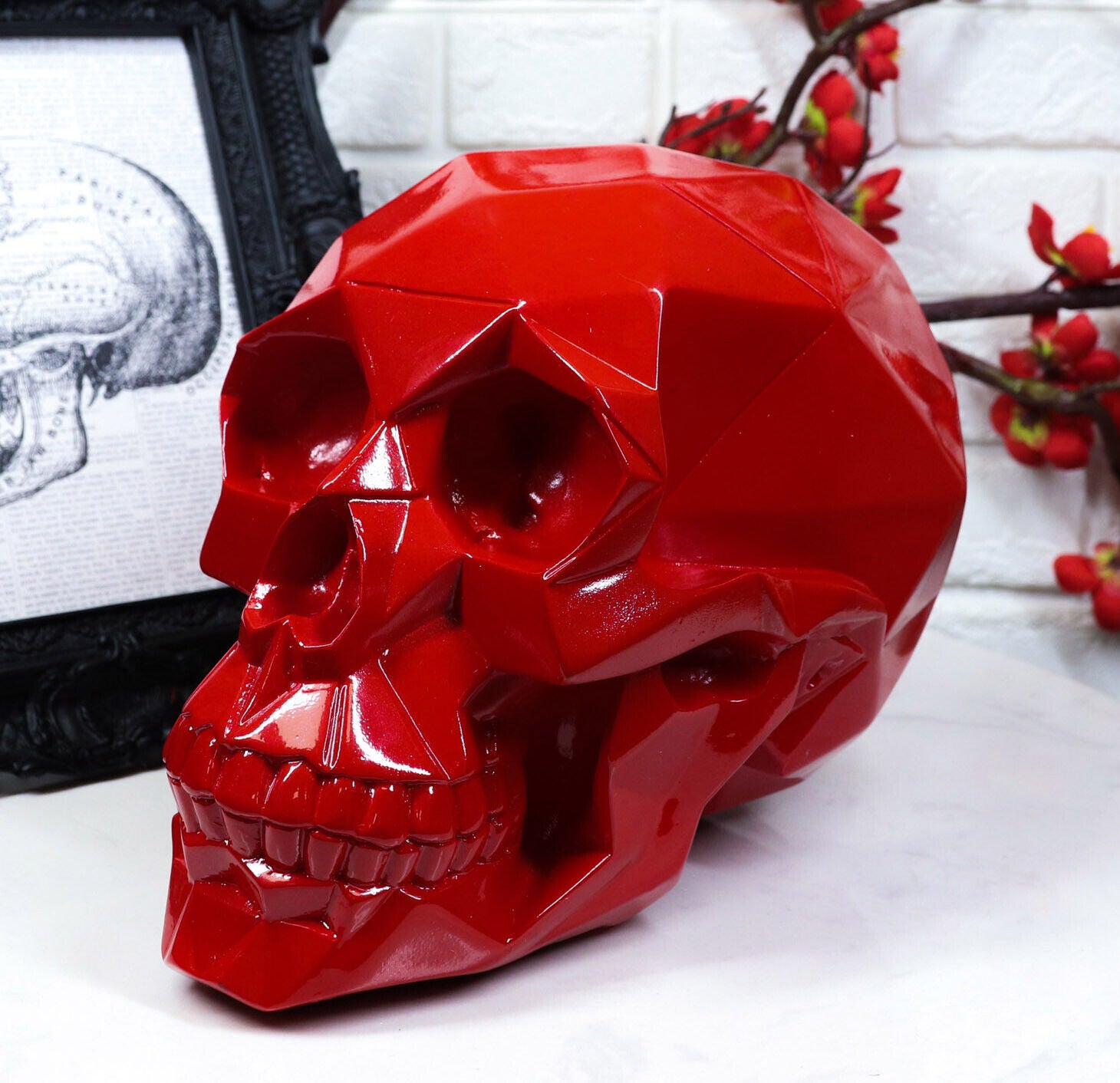 Ebros Gift Geometric Matrix Polygon Red Blood Skull Decorative Figurine 8.5"L