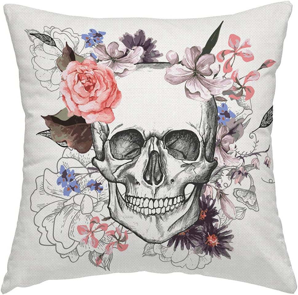 Skull Throw Pillow Cover Sugar Skull Rose Flowers Decorative Pillow Case Home Decor Square 16X16 Inches Pillowcase