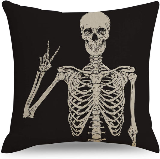 Skull Decoraive Throw Pillow Cover Square Linen Fabric Black Goth Decor Funny Halloween Cushion Cover Throw Pillow Case for Sofa Bed Car Chair Living Room (Human Skeleton/18X18 Inch)