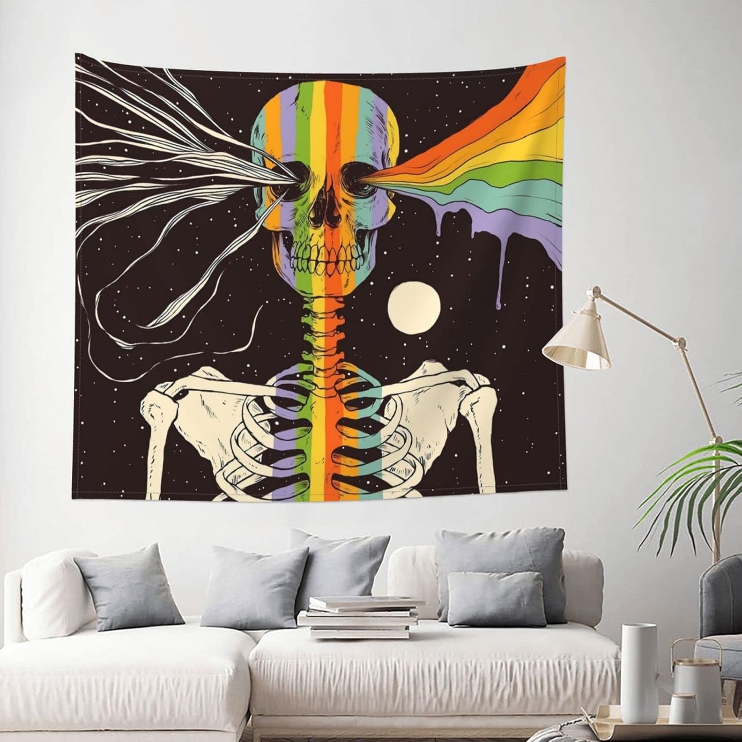 Rainbow Skull Tapestry Aesthetic Tapestries Black and White Wall Hanging Tapestry Funny Tapestry Hippie Hippy Skeleton Tapestry for Bedroom Livingroom Home Decor 60 X 51 Inch, One Size