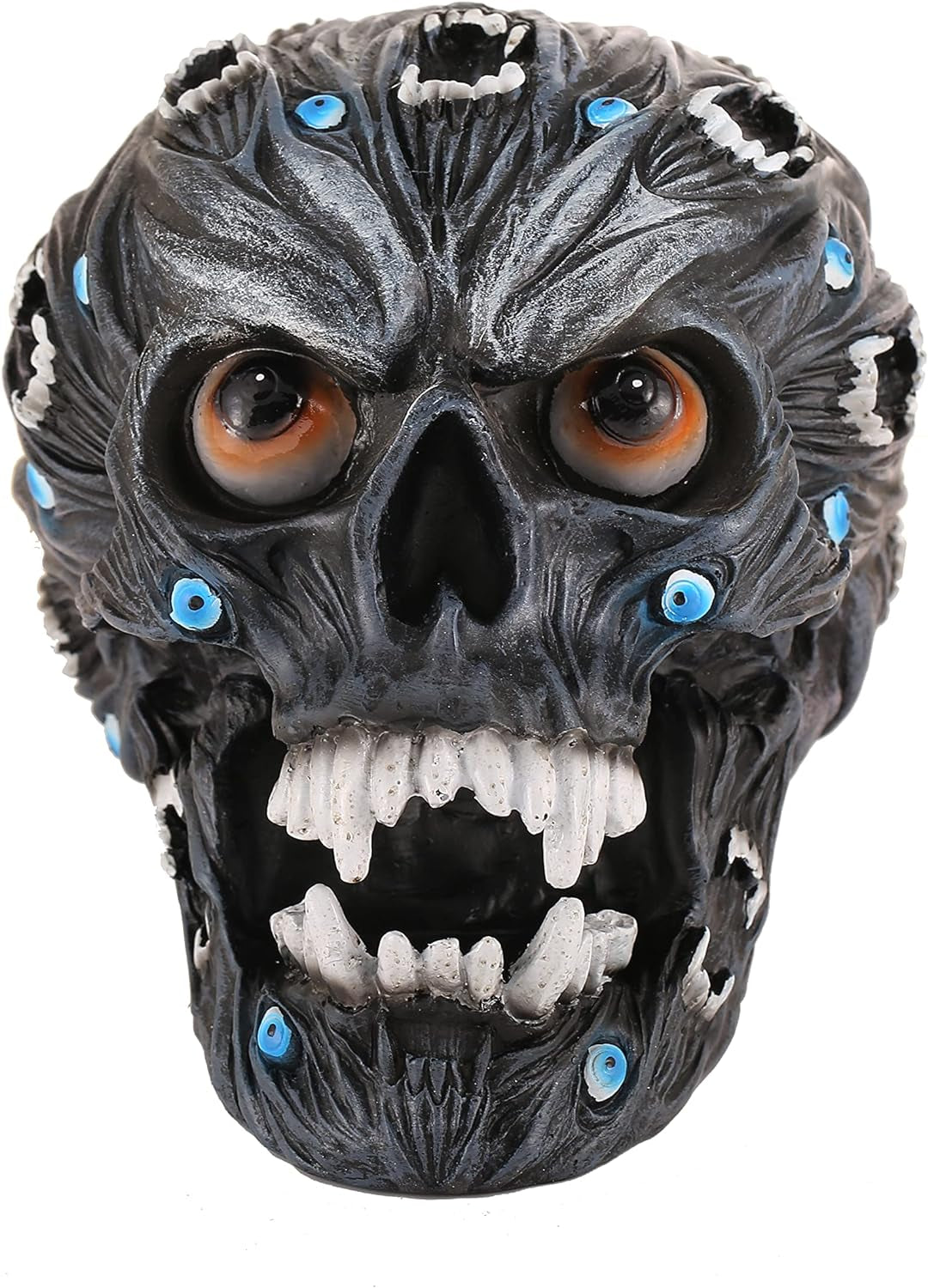 Large Alien Demonic Skull Evil Eyes and Vampire Teeth Hand Painted Colors Resin Skulls Statue