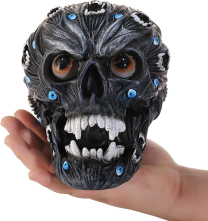 Large Alien Demonic Skull Evil Eyes and Vampire Teeth Hand Painted Colors Resin Skulls Statue