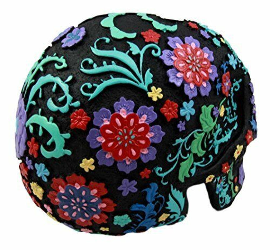 Ebros Gift Day of the Dead Black Multi Colored Floral Tattoo Skull Figurine 8"L