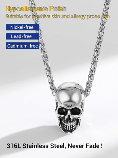 Goth Skull Necklace for Men, Punk Gothic Halloween Jewelry, Gold Plated/Black Stainless Steel Skull Pendant, Come with Box