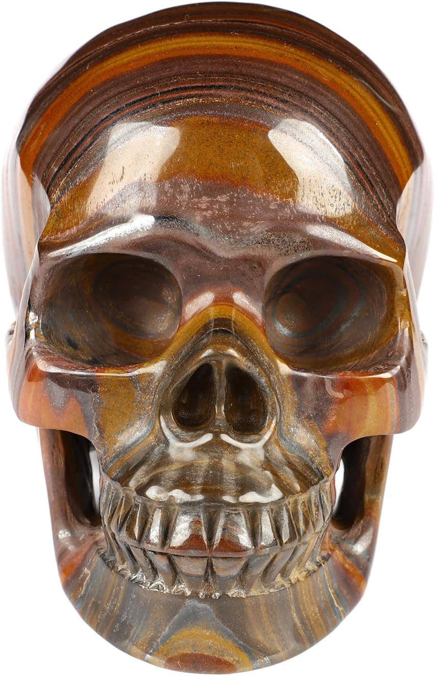 5.0" Colorful Tiger Iron Eye Crystal Skull, Hand Carved Gemstone Fine Art Sculpture, Reiki Healing Stone Statue.2842