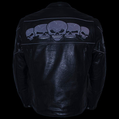 3 Skull Head Black Leather Motorcycle Jacket with X-Armor Protection