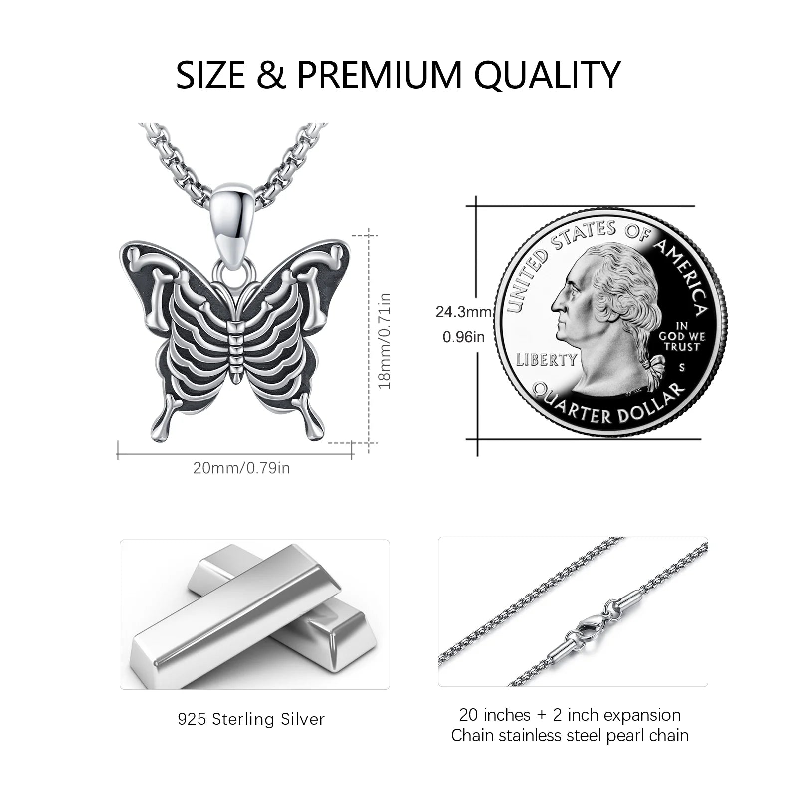 Butterfly Necklace 925 Sterling Silver Skeleton Pendant Necklaces Jewelry Birthday Xmas Gift for Women Mom Daughter Niece Wife