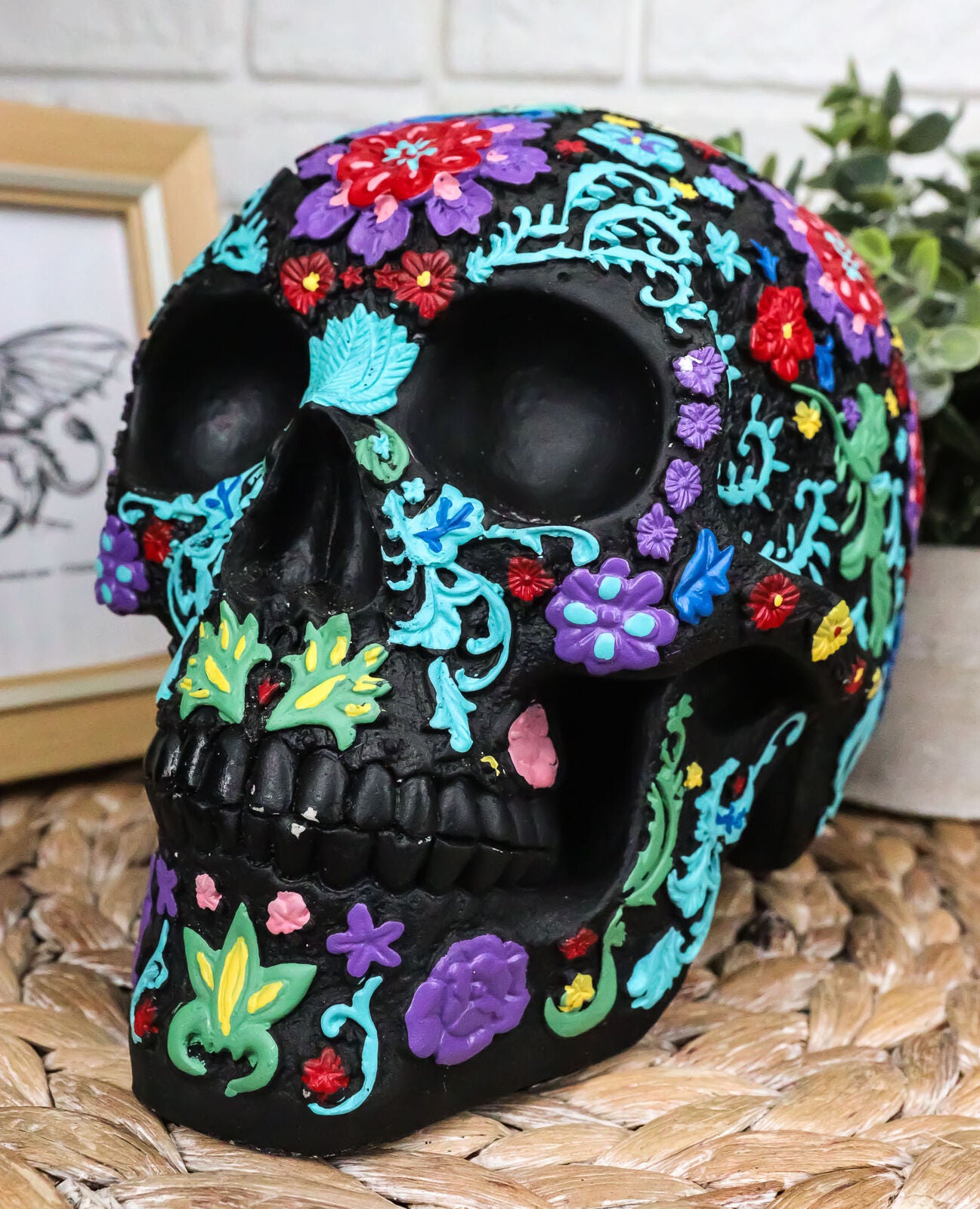 Ebros Gift Day of the Dead Black Multi Colored Floral Tattoo Skull Figurine 8"L