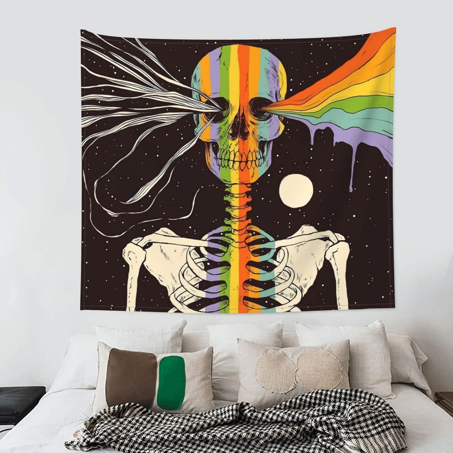 Rainbow Skull Tapestry Aesthetic Tapestries Black and White Wall Hanging Tapestry Funny Tapestry Hippie Hippy Skeleton Tapestry for Bedroom Livingroom Home Decor 60 X 51 Inch, One Size