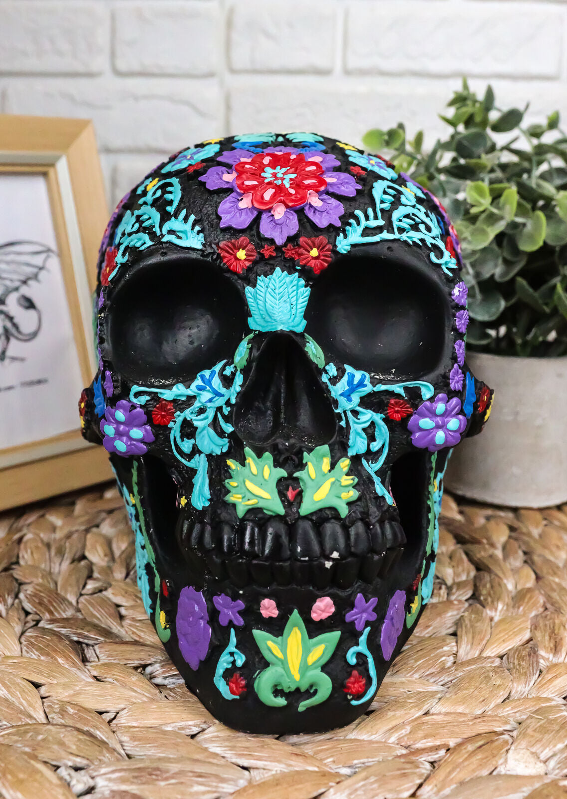 Ebros Gift Day of the Dead Black Multi Colored Floral Tattoo Skull Figurine 8"L