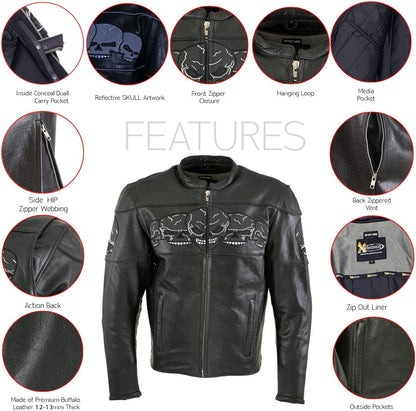 3 Skull Head Black Leather Motorcycle Jacket with X-Armor Protection