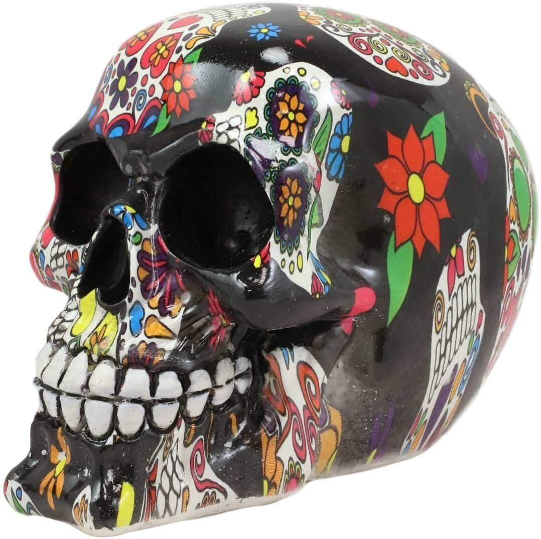 Ebros Day of the Dead Black Sugar Skull with Floral Tattoo Cranium Skull Statue