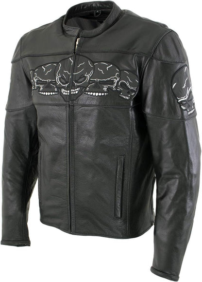 3 Skull Head Black Leather Motorcycle Jacket with X-Armor Protection