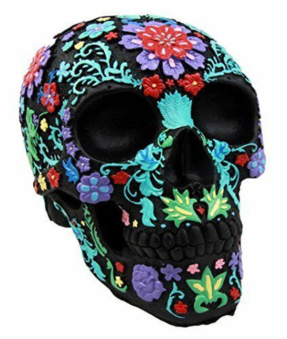 Ebros Gift Day of the Dead Black Multi Colored Floral Tattoo Skull Figurine 8"L