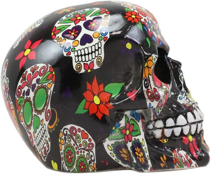 Ebros Day of the Dead Black Sugar Skull with Floral Tattoo Cranium Skull Statue