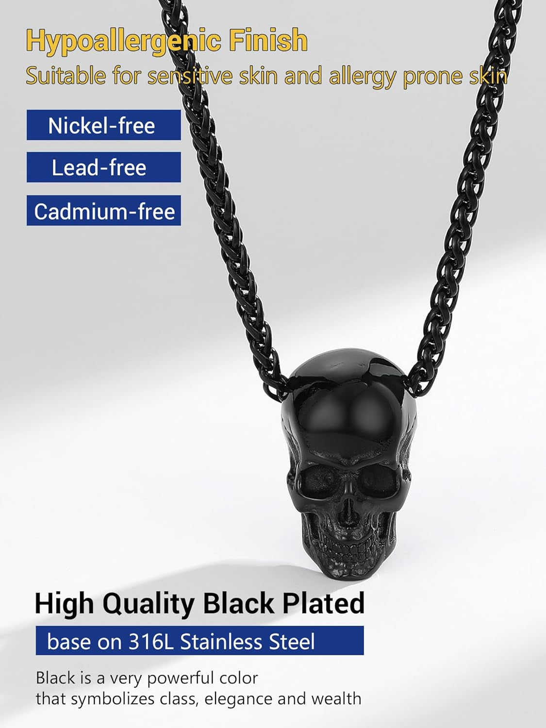 Goth Skull Necklace for Men, Punk Gothic Halloween Jewelry, Gold Plated/Black Stainless Steel Skull Pendant, Come with Box