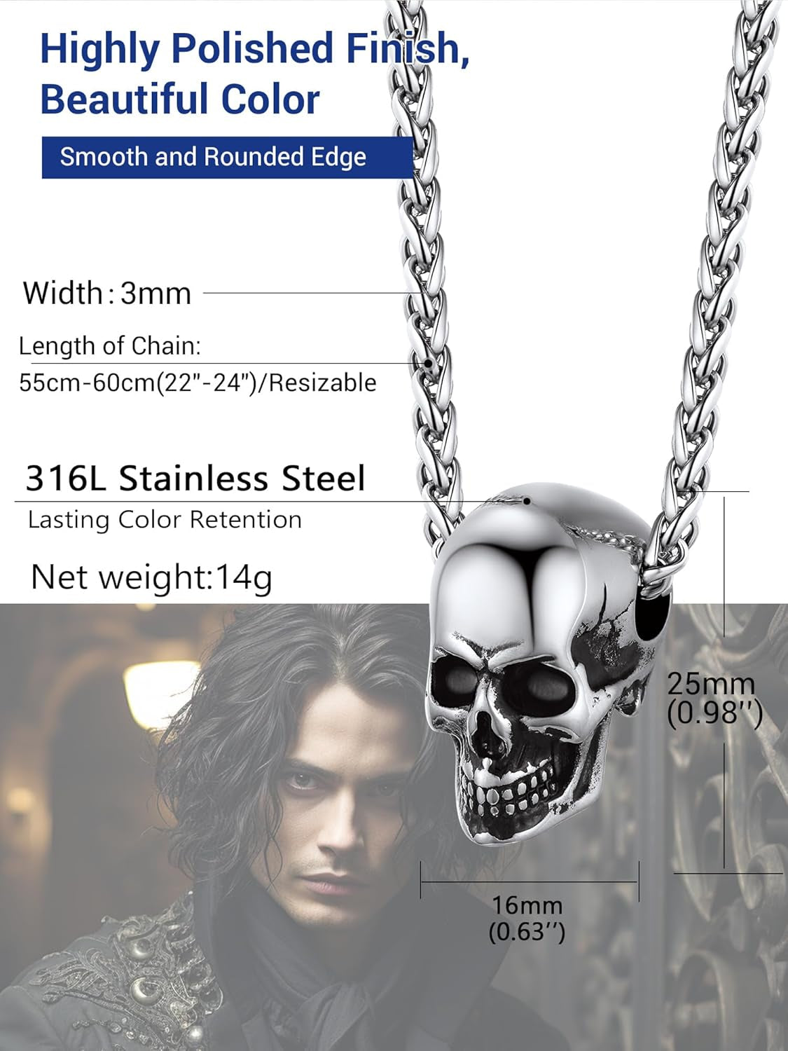 Goth Skull Necklace for Men, Punk Gothic Halloween Jewelry, Gold Plated/Black Stainless Steel Skull Pendant, Come with Box