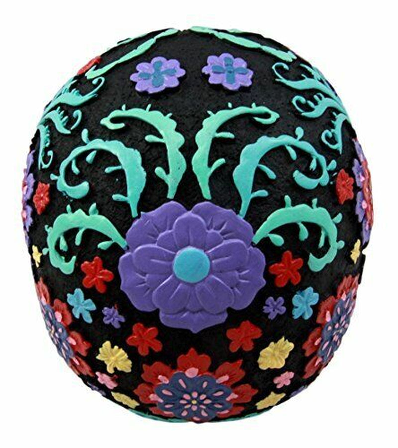 Ebros Gift Day of the Dead Black Multi Colored Floral Tattoo Skull Figurine 8"L