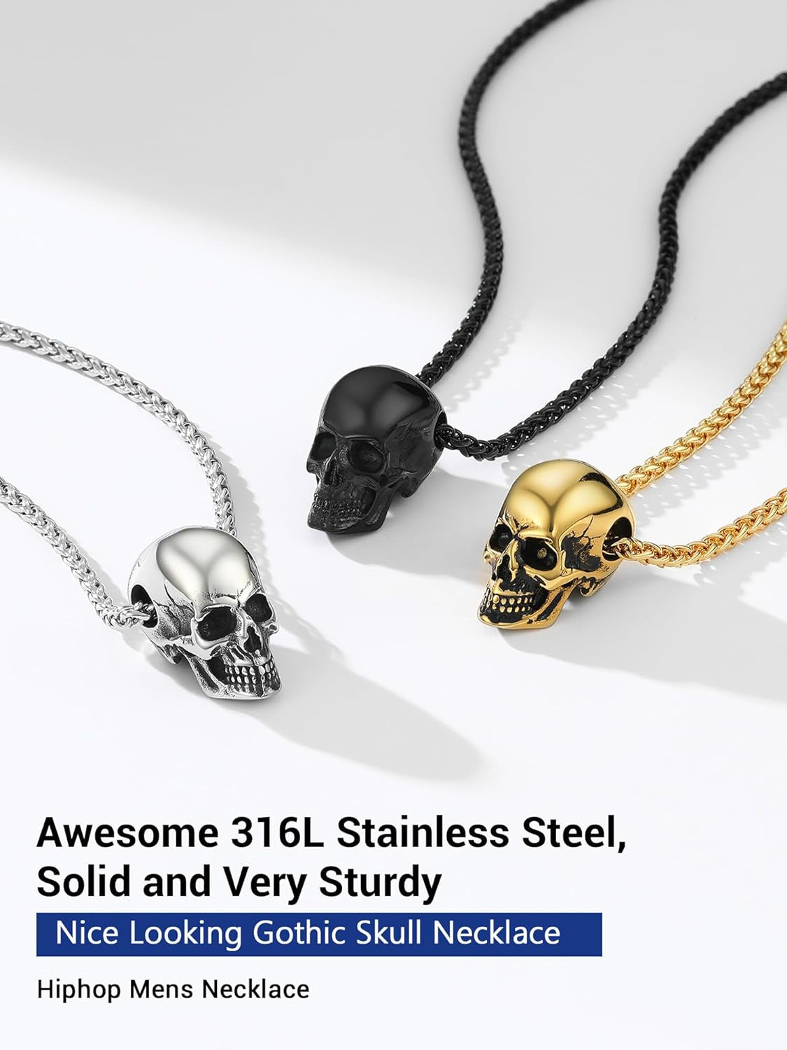 Goth Skull Necklace for Men, Punk Gothic Halloween Jewelry, Gold Plated/Black Stainless Steel Skull Pendant, Come with Box