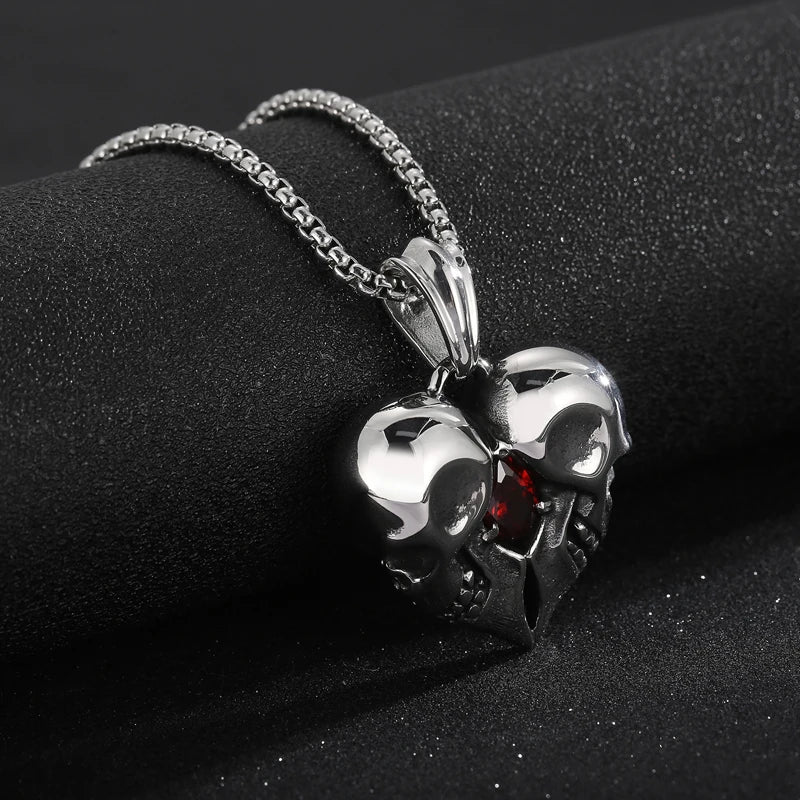 Stainless Steel Skulls Heart Shaped Necklace with Red Jewel