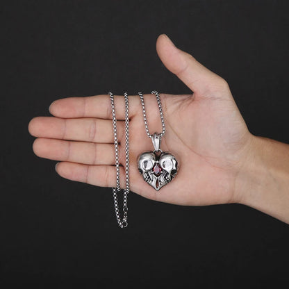 Stainless Steel Skulls Heart Shaped Necklace with Red Jewel