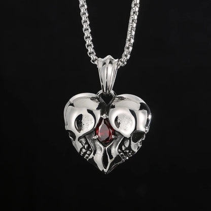 Stainless Steel Skulls Heart Shaped Necklace with Red Jewel