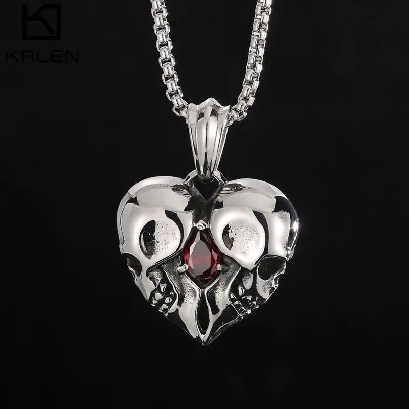 Stainless Steel Skulls Heart Shaped Necklace with Red Jewel