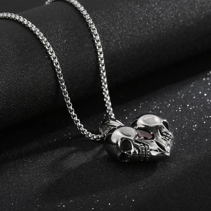 Stainless Steel Skulls Heart Shaped Necklace with Red Jewel