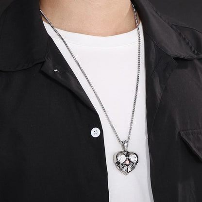 Stainless Steel Skulls Heart Shaped Necklace with Red Jewel