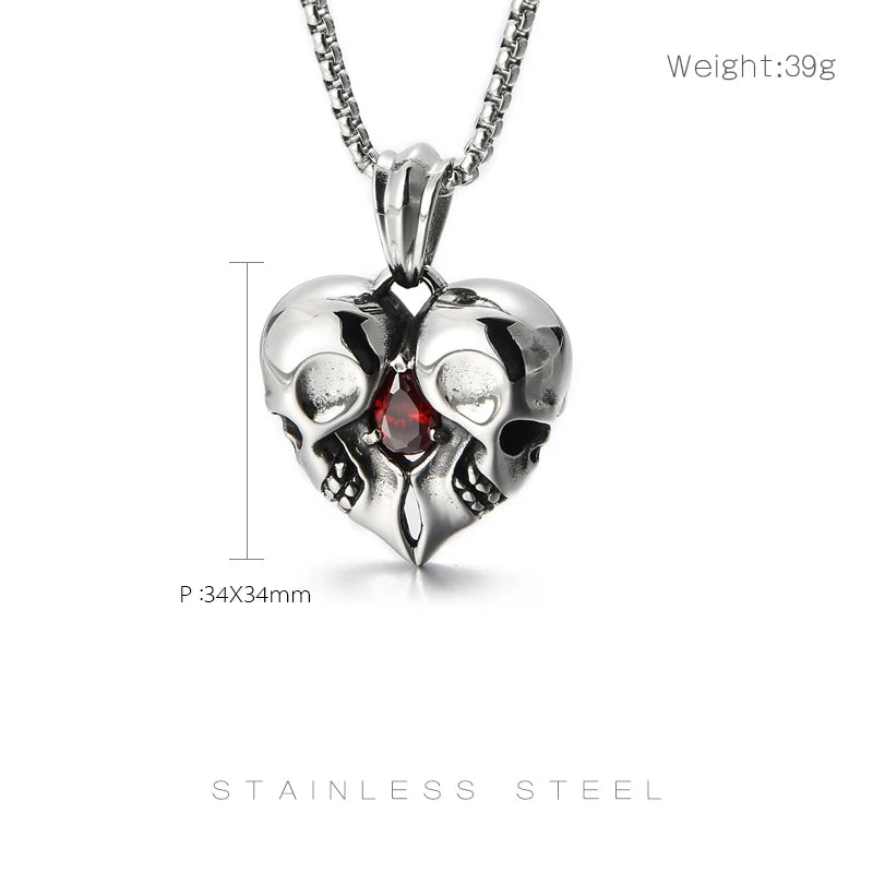 Stainless Steel Skulls Heart Shaped Necklace with Red Jewel