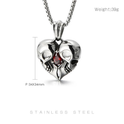 Stainless Steel Skulls Heart Shaped Necklace with Red Jewel