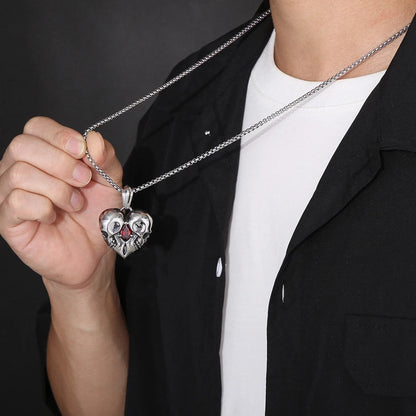 Stainless Steel Skulls Heart Shaped Necklace with Red Jewel