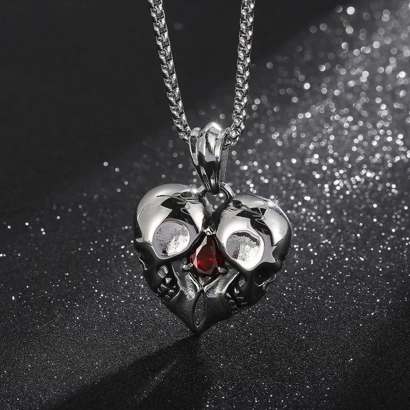 Stainless Steel Skulls Heart Shaped Necklace with Red Jewel