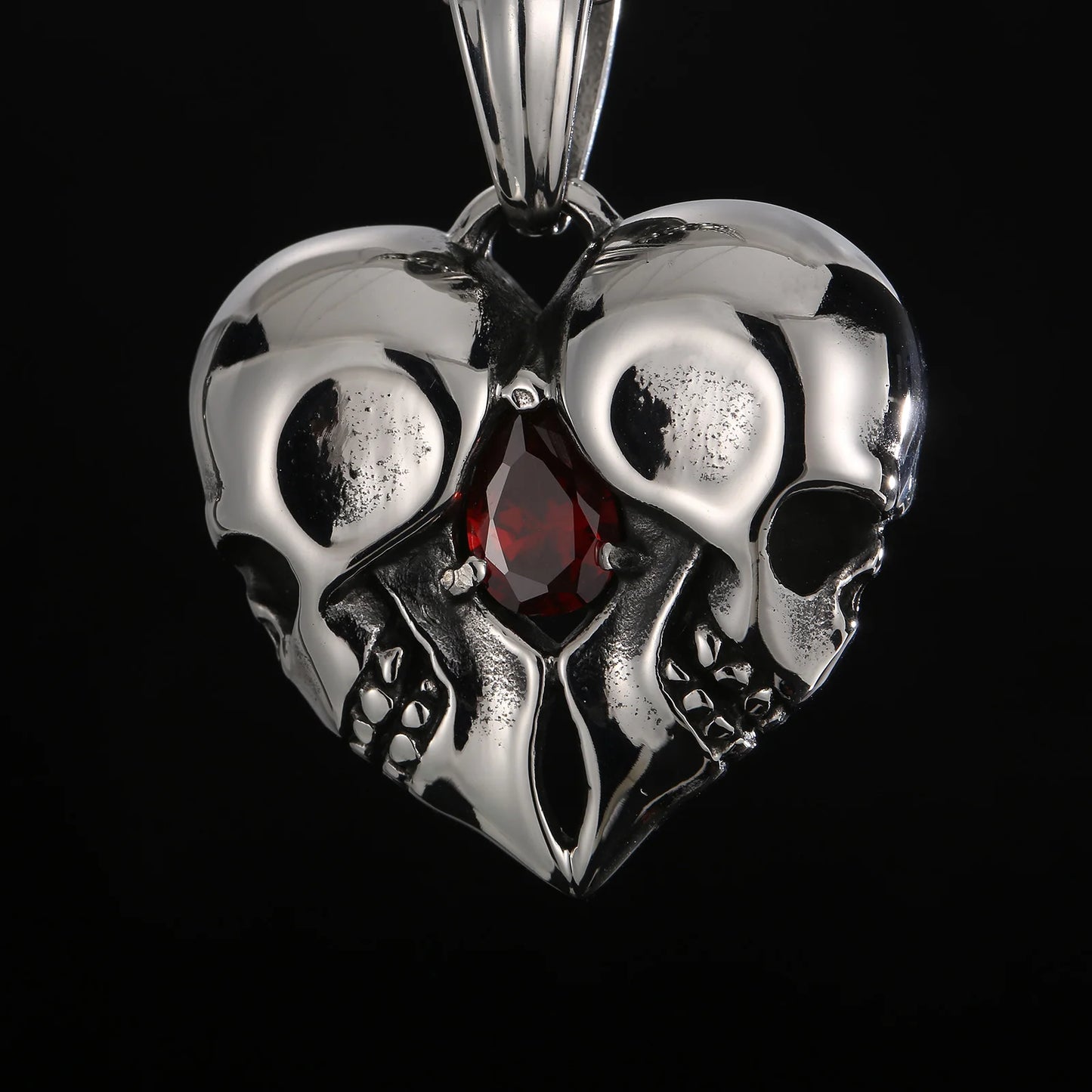 Stainless Steel Skulls Heart Shaped Necklace with Red Jewel