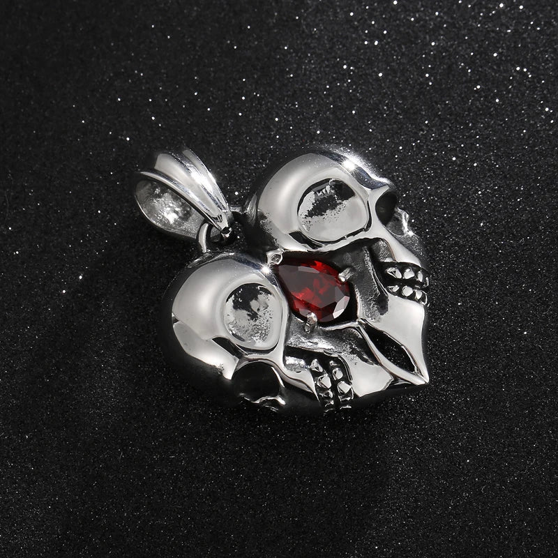 Stainless Steel Skulls Heart Shaped Necklace with Red Jewel