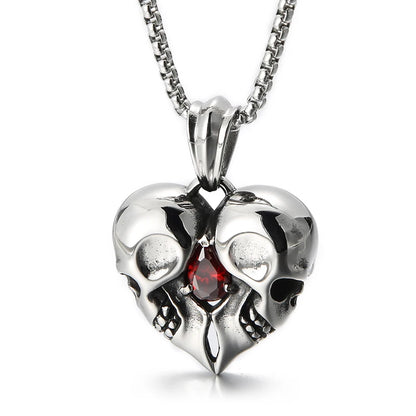 Stainless Steel Skulls Heart Shaped Necklace with Red Jewel