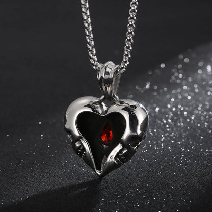 Stainless Steel Skulls Heart Shaped Necklace with Red Jewel