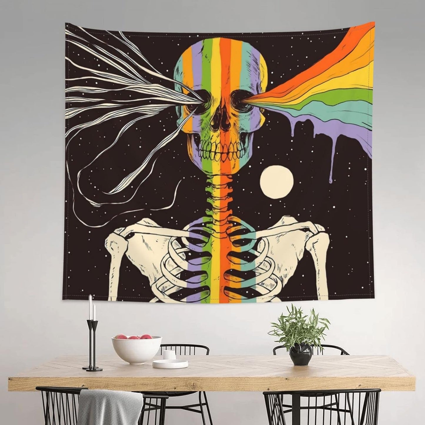 Rainbow Skull Tapestry Aesthetic Tapestries Black and White Wall Hanging Tapestry Funny Tapestry Hippie Hippy Skeleton Tapestry for Bedroom Livingroom Home Decor 60 X 51 Inch, One Size